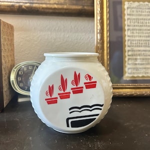 Vintage Fire King Vitrock grease jar, no lid, milk glass kitchen cannister, art deco, black white and red, vintage planter, home accent