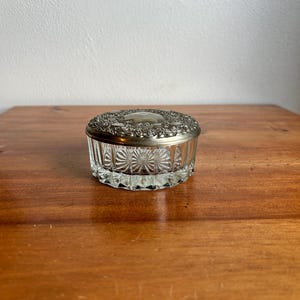 Vintage pressed glass powder box with ornate metal lid sold AS IS-please read description! Vintage vanity decor, home accent, for her