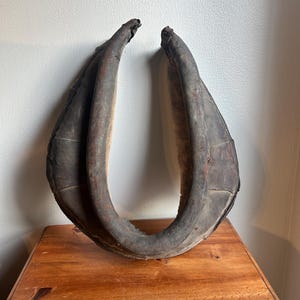 Antique leather horse or mule harness, horse hames, vintage horse tack, farm decor, rustic decor, primitive farm equipment, plow harness