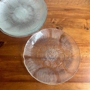Vintage Arcoroc France clear glass “Fleur” salad plates, set of 6 plates and 1 raised edge plate, flower plates, etched glass, 7.5 inch