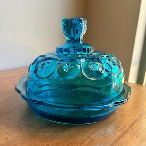 Vintage LE Smith Moon and Stars blue round covered butter dish, blue glass, mid century, vintage glass, 1970s decor, gift for her