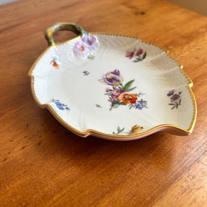 Vintage Royal Copenhagen of Denmark “Saxon Flowers” leaf shaped serving plate, handpainted with gold trim, fine art china, trinket dish