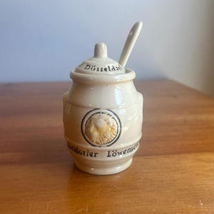 Vintage Ceramic Otto Frenzel Düsseldorf Germany Lion Head Mustard Pot with Spoon, made between 1903-1953