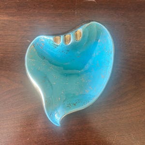 Vintage Plymouth Pottery mid century ashtray, light blue and gold ceramic ashtray, mid century modern, MCM ashtray