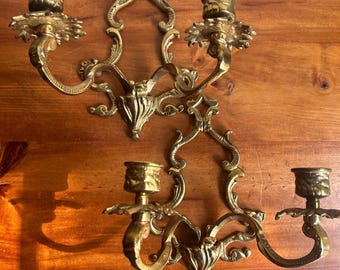 Set of two vintage ornate brass wall sconces made in Japan, vintage brass decor, brass wall decor, gift for her, home accent, rococo revival