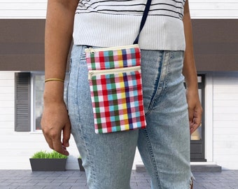 Bolso bandolera para teléfono a cuadros hecho a mano: Monedero tailandés con cremallera y taparrabos