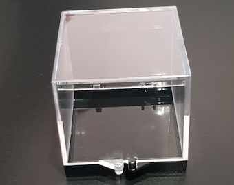 Clear 3.5cm (1.3”) Perky Box with black base, plus optional foam insert. Small Size, for Mineral Specimen display and storage.