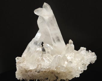 Grupo de cuarzo himalayo natural transparente, con cristales que crecen bajo la base y un cristal principal curvado: un ejemplar inusual e impresionante. Artículo CW-2772.