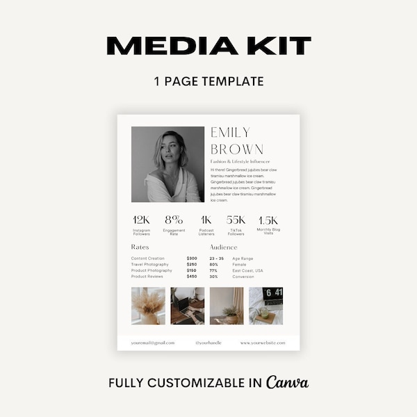 1 Page Media Kit Canva Template | Minimalist Instagram Media Kit | Influencer Media Kit Template | Content Creator | Tiktok Instagram