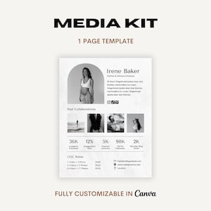 Könnte beinhalten: Eine schwarz-weiße Media-Kit-Vorlage für eine Mode- und Lifestyle-Influencerin. Die Vorlage zeigt ein Foto der Influencerin, eine Liste vergangener Kooperationen und Informationen über ihre Social-Media-Reichweite und Engagement-Raten. Der Text "Irene Baker" und "Mode- und Lifestyle-Influencerin" ist in der Vorlage enthalten.