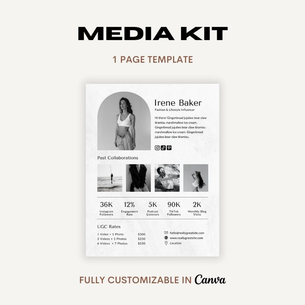 1 Page Media Kit Canva Template | Minimalist Media Kit | Influencer Media Kit Template | Content Creator | Facebook Tiktok Instagram