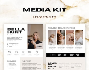 Puede incluir: Una plantilla de kit de medios de dos páginas para una creadora de contenido llamada Bella Hunt. La primera página presenta una foto de Bella, sus estadísticas de redes sociales y una lista de los servicios que ofrece. La segunda página destaca colaboraciones anteriores con marcas, incluidas Dearist Minds, Freedom Magazine, Jupiter's Station y Golden Times. El texto "LOVED BY MANY" se presenta de forma destacada en la página.