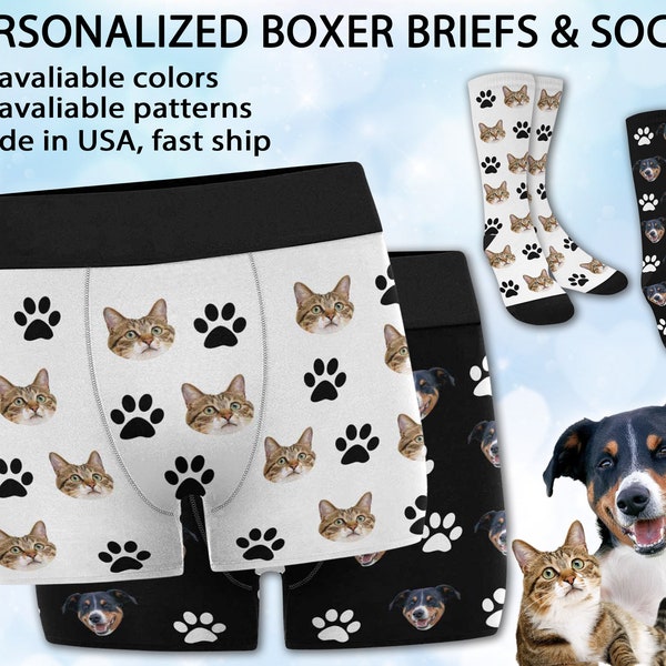 MADE in USA -Personalized Mens Boxer Briefs, Custom Pet Photo Socks, Underwear with Dog Face, Christmas Gift for Him/Boyfriend/Husband