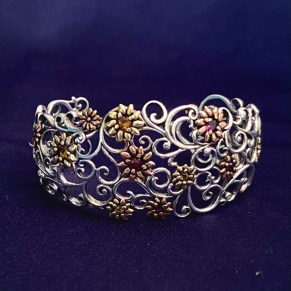 Rare Carolyn Pollack Relios Mixed Metals and Gemstones Filigree Cuff Bracelet