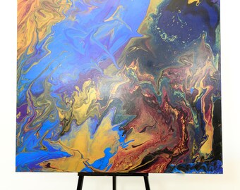 Pintura abstracta acrílica fluida de 36x36, lienzo de resina azul y dorada, decoración de pared moderna y lujosa.