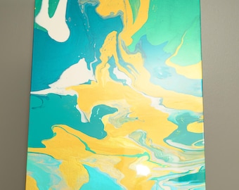 Pintura abstracta en acrílico vertido en tonos verde azulado, dorado y blanco, lienzo de 30x40 cm, arte de pared, decoración moderna original.