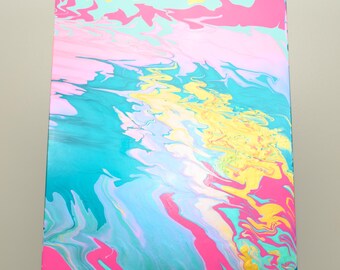 Pintura abstracta acrílica fluida, arte mural en rosa, turquesa y dorado, decoración moderna y delicada, lienzo grande.
