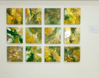 Pintura abstracta acrílica fluida de 12x12, arte mural verde y dorado, obra de arte contemporánea original.