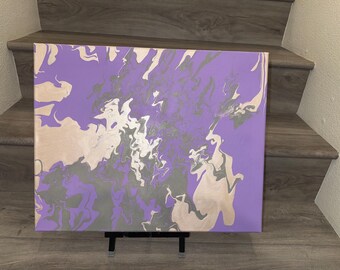 Pintura acrílica abstracta vertida, lienzo morado y gris, 16 x 20