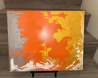 Pintura acrílica abstracta original, decoración de pared naranja y dorada (16 x 20)