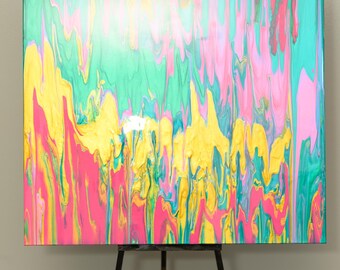 Pintura abstracta acrílica fluida de 36x36, arte sobre lienzo en tonos rosa, verde azulado y amarillo, decoración para el hogar con acabado de resina.