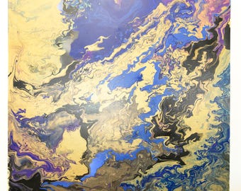 Pintura abstracta acrílica fluida de 36x36 cm, arte sobre lienzo azul, dorado y morado, pieza de lujo que marca la diferencia.