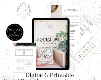 May include: A digital and printable social media post planner for your next launch. The planner includes a daily planner, a launch group checklist, and a social post plan. The planner is designed to help you plan and schedule your social media posts for your next launch.
