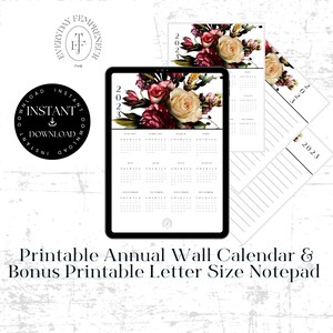 May include: Printable 2023 wall calendar with floral design and a matching notepad. The calendar features a monthly view with a floral design in shades of pink, white, and green. The notepad is blank and has a white background with black lines.