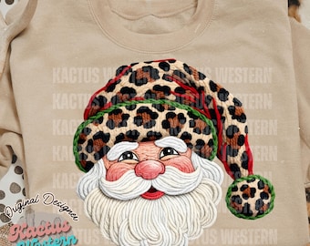 Santa Christmas Faux Yarn Png Digital Design, Trendy Christmas Santa Png, cheetah hat santa png, trending christmas png, faux latch hook png