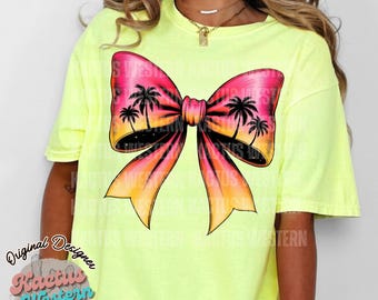 Tropical Sunset Bow PNG, Neon Palm Tree Clipart, Retro Beach Design, Summer Vacation Sublimation Download
