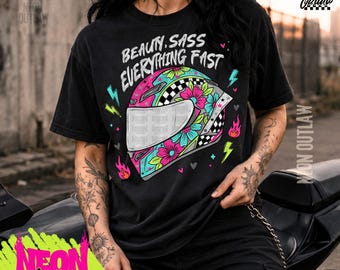 Motocross girl design, checkered graphics, biker babe png, edgy goth design, girly biker, floral racing, race day graphic, beautifully broke