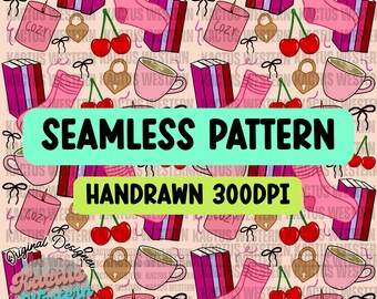 Bookish Valentine Seamless PNG, booktok file, book lover file, coffee and books png, fabric file, Books File Book lover, digital download