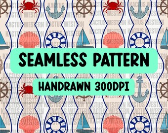 Coastal Nautical Seamless PNG, Anchor Crab Sailboat Shell Ocean Digital Paper, Beach Summer seamless, sailing pattern, beach pattern files