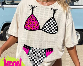 Checkered Bikini PNG, summer swim png, trendy, river design, lake day design, vacation png, bikini top design