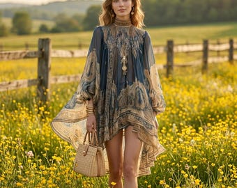 Boho Mini Dress, High Neck Long Sleeve Dress, Asymmetrical Boho Dress, Vintage Ethnic Print Dress, Flowy Summer Party Dress
