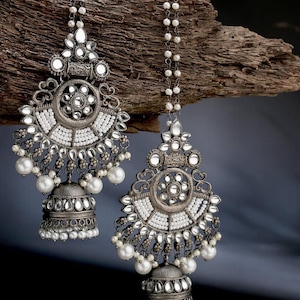 Oxidised Silver Chandbali | Jhumka Jhumki Earrings | Long Earrings | Black Polish Indian Earrings | Pearl Earring | Handmade Temple Earring