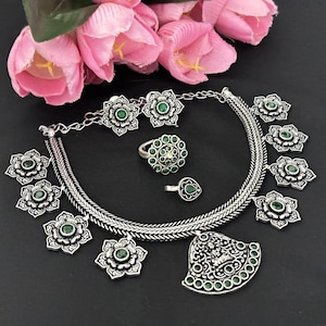 Bijoux oxydés | Ensemble fait main | Boucles d&#39;oreilles indiennes afghanes | Ras de cou ethnique | Cadeau pour femme | Action de grâces | Cadeau pour elle | Bijoux Bollywood