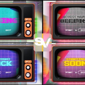 May include: Four retro television screens with pixelated text on each screen. The screens display the text "ENDING", "BE RIGHT BACK", "CURRENTLY OFFLINE", and "STARTING SOON". Each screen has a start and exit button.