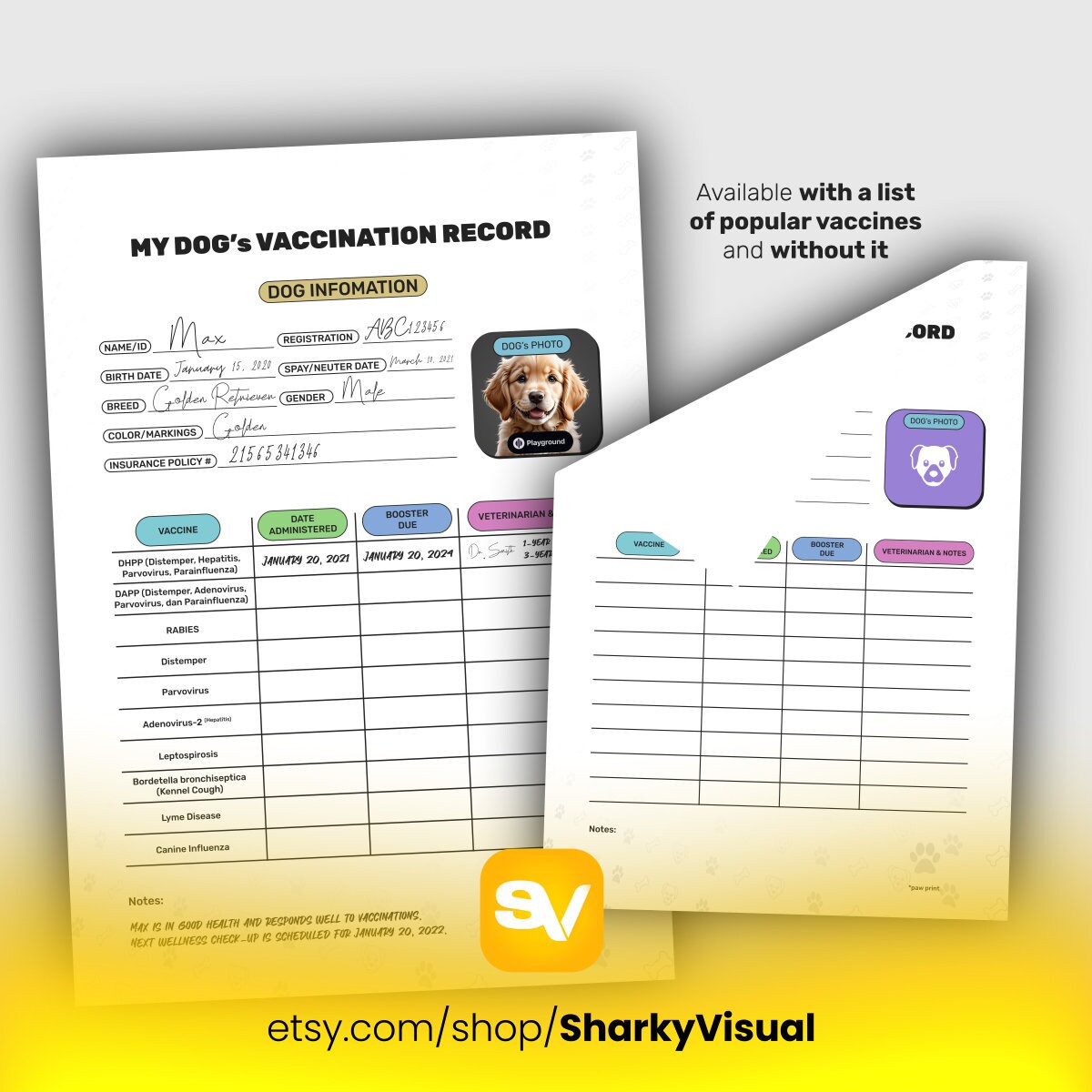 Puppy Vaccination Record, Printable Dog Health and Immunization Record ...