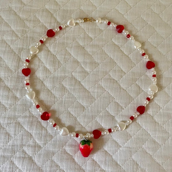 Strawberry shortcake inspired beaded necklace, 18k gold plated closure, cottagecore, hyper feminine, y2k, jewelry, aesthetic, soft girl