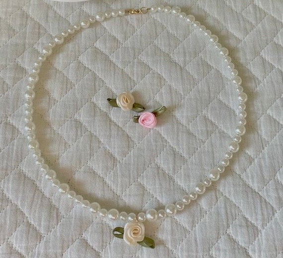 Rosette Pearl Necklace, 18k Gold Plated Closure, Coquette