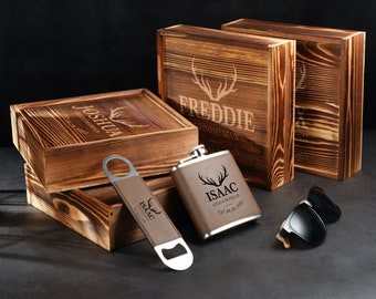 Groomsmen Gifts, Personalized Flask Gift Set, Bottle Opener and Flask with Wooden Gift Box, Best Man Gift, Groom Gift, Dad Gift, Mens Gift