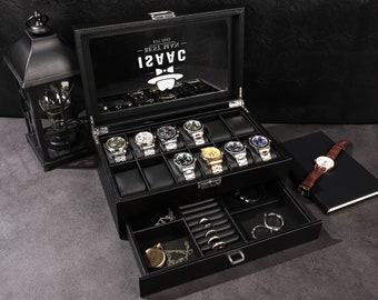 Watch Box for Men, Custom Watch Case, Groomsman Gift, Best Man Gift, Father's Day Gift, Watch Holder, Black Watch Box, 12 Watch Display Case