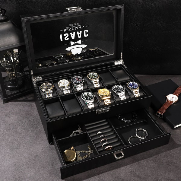 Watch Box for Men, Custom Watch Case, Groomsman Gift, Best Man Gift, Father's Day Gift, Watch Holder, Black Watch Box, 12 Watch Display Case