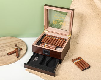 Custom Glass Top Humidor Cigar Box, Personalized Cigar Box with Digital Hygrometer, Monogram Cigar Box, Wooden Cigar Box, Groomsmen Gifts