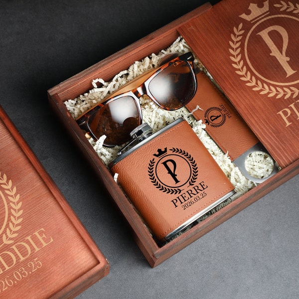 Groomsmen Gifts, Personalized Flask Gift Set, Bottle Opener and Flask with Wooden Gift Box, Best Man Gift, Groom Gift, Dad Gift, Mens Gift