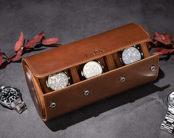 Personalized Watch Box for Men, Brown Watch Box, Watch Travel Case, Leather Watch Case Watch Roll for 3 Watches, Gift for Dad, Best Man Gift