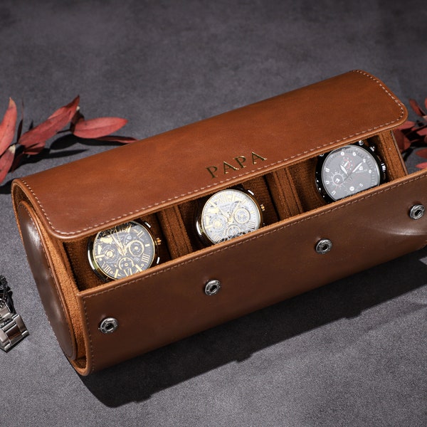 Personalized Watch Box for Men, Brown Watch Box, Watch Travel Case, Leather Watch Case, Watch Roll for 3 Watches, Gift for Dad, Best Man Gift