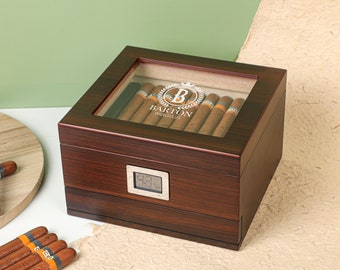 Personalized Cigar Box with Digital Hygrometer, Custom Glass Top Cigar Humidor Box, Monogram Cigar Box, Wooden Cigar Box, Groomsmen Gifts