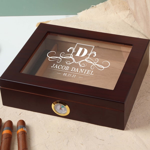 Personalized Cigar Box, Engraved Glass Top Cigar Humidor Box, Engraved Cigar Box with Hygrometer, Wooden Cigar Box for Him, Groomsmen Gifts